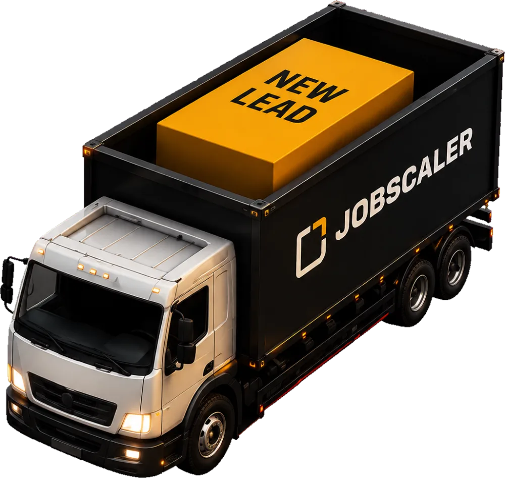 JobScaler box truck hauling a NEW LEAD crate toward the viewer